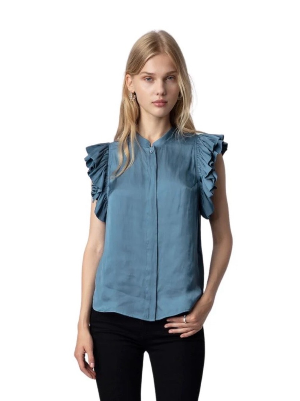 Zadig & Voltaire Tiza Satin Sleeveless Ruffle Shoulder Blouse in Steel Blue